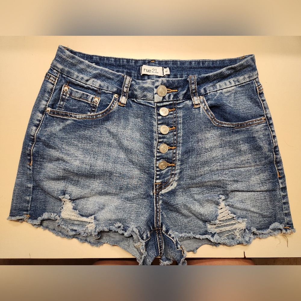 Rue21 Light Blue Button-Fly Distressed Denim Shorts
